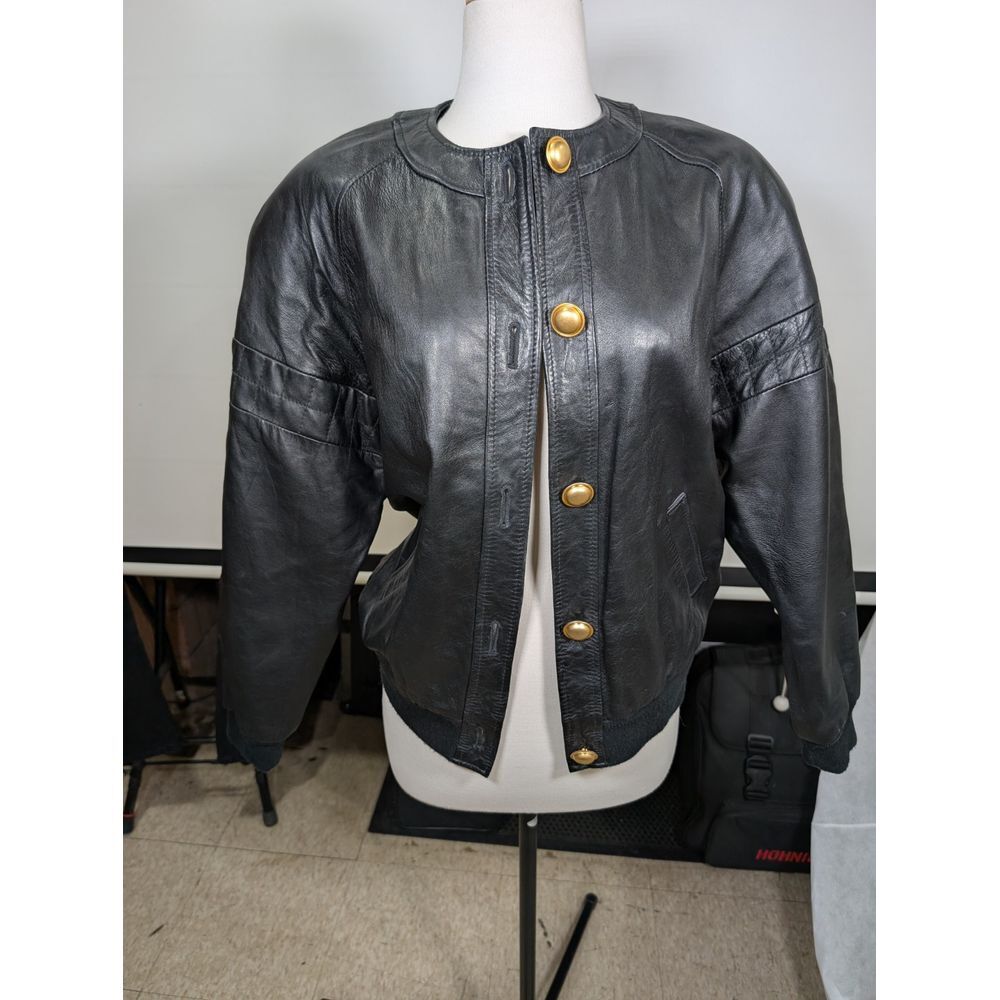 Women's Vintage  Evan Davies Black Leather Jacket With Gold Buttons Size 4
